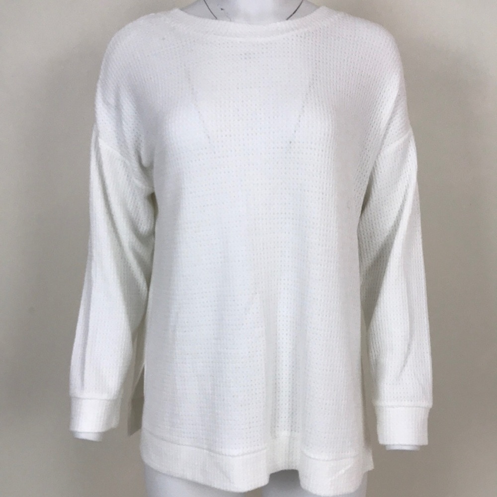 White Crewneck Waffle Crossback Detailed Pullover